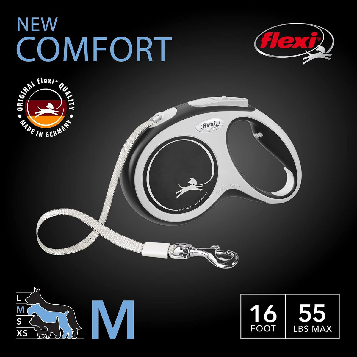 FLEXI Comfort Tape Retractable Dog Leash - Medium - 16 Feet / Grey/Black - image 2