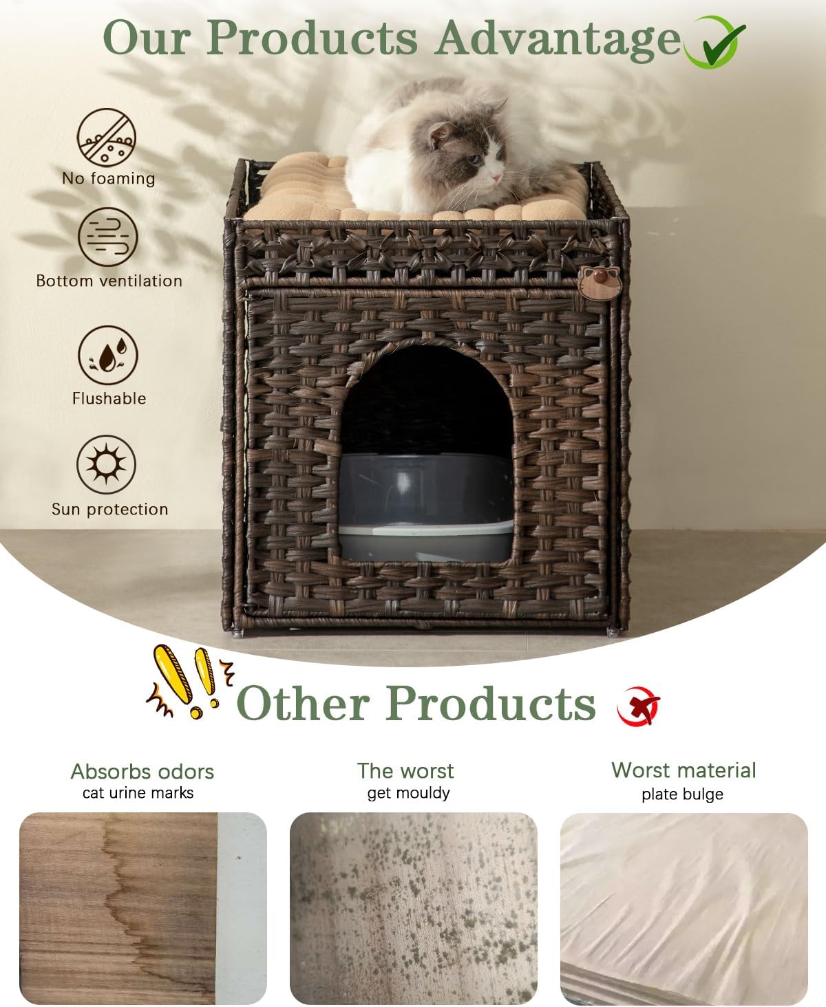Cat Litter Box Enclosure Furniture, Hidden PE Rattan - Brown / Standard - image 4
