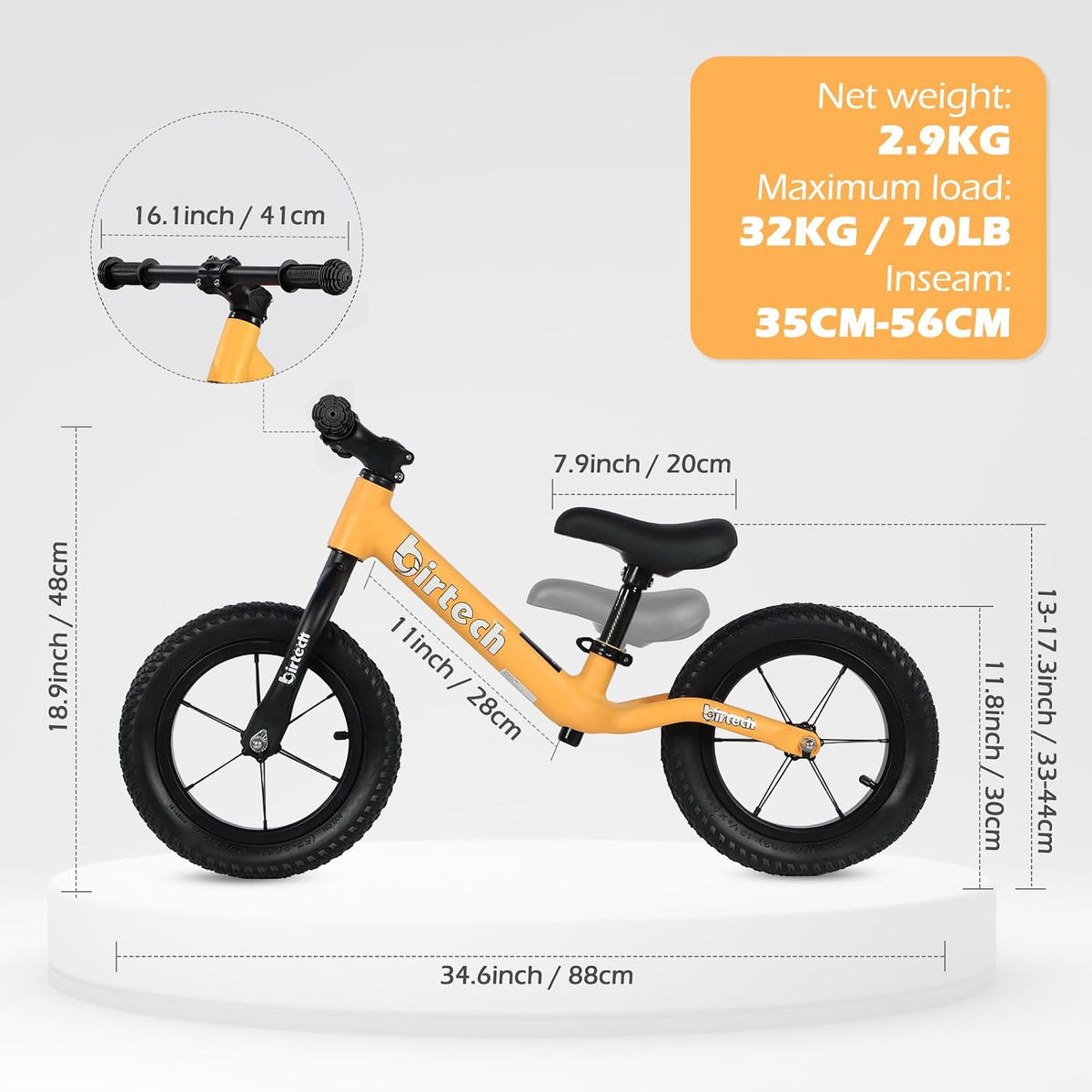 Birtech 12 inch balance bike with air rubber tires, U-shaped footrest and aluminum handlebar - view 11