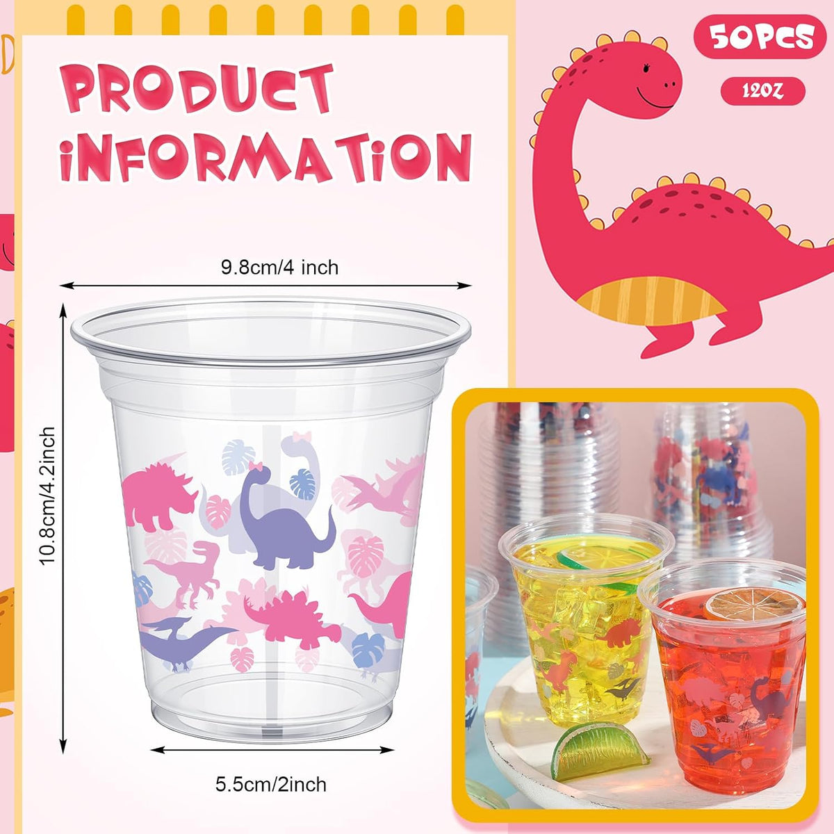 50 Pcs 12 oz Dinosaur Cups Dinosaur Birthday Decorations – Fun for Kids & Family - Pink / Dinosaur - image 4