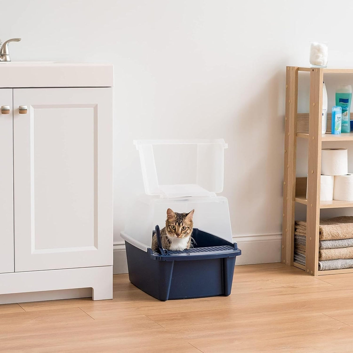 IRIS USA Large Front Door Cat Litter Box, Walk-in Entry - Navy / Split Hooded - image 3