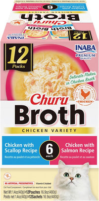 INABA Churu Broth for Cats, Side Dish Pouch, 1.4 Ounces per Pouch, 12 Pouches, Chicken Variety