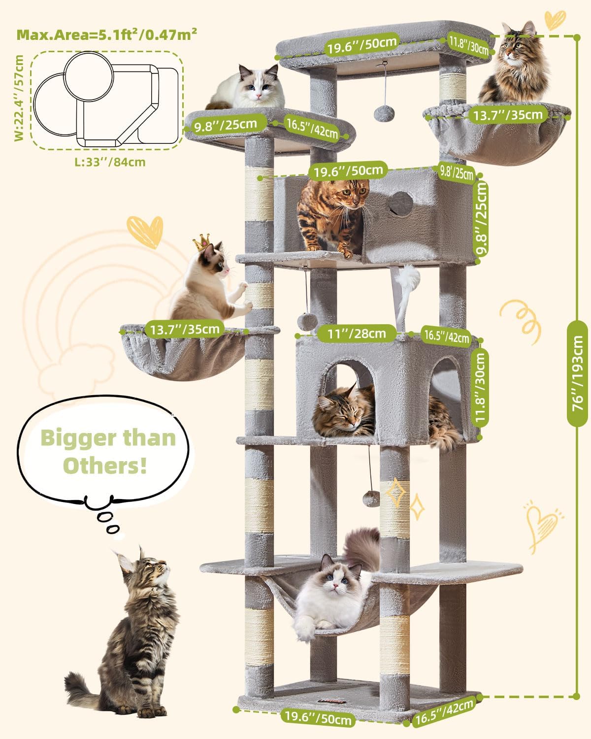 Taoqimiao 32.2in Cat Tree with Toy - Light Gray / 76 inch - image 2