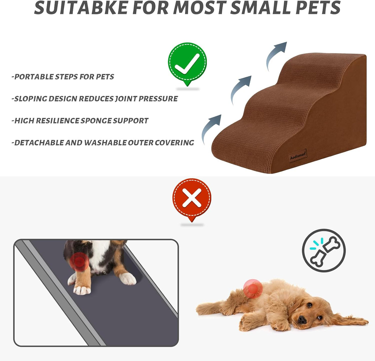 Dog Stairs for Small Dogs and Cats - Brown / 3 / Standard 3-Step 15.7"H - image 4