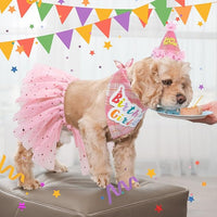 SCENEREAL Dog Birthday Bandana Hat with Dress Girl Set Party Supplies Plaid Puppy Birthday Outfit Cute Dog Tutus for Small Medium Lage Dogs, Pink Plaid