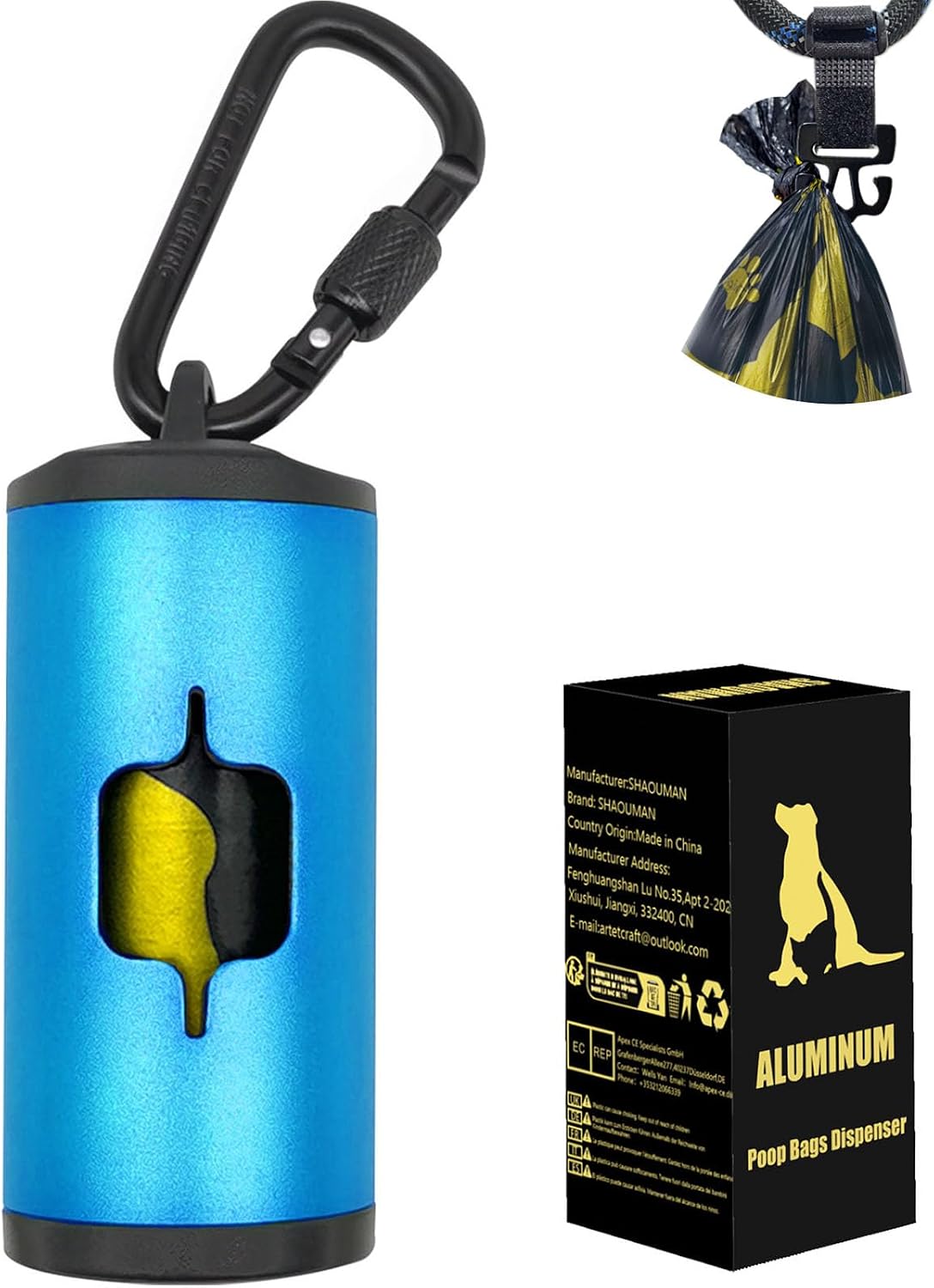 Metal Dog Poop Bag Holder 2-Pack w/Leash Clip - Blue / 1 Holder 15 Bags