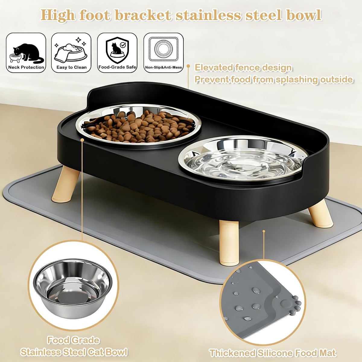 Elevated Cat Bowls with Food Mat - Black - image 3