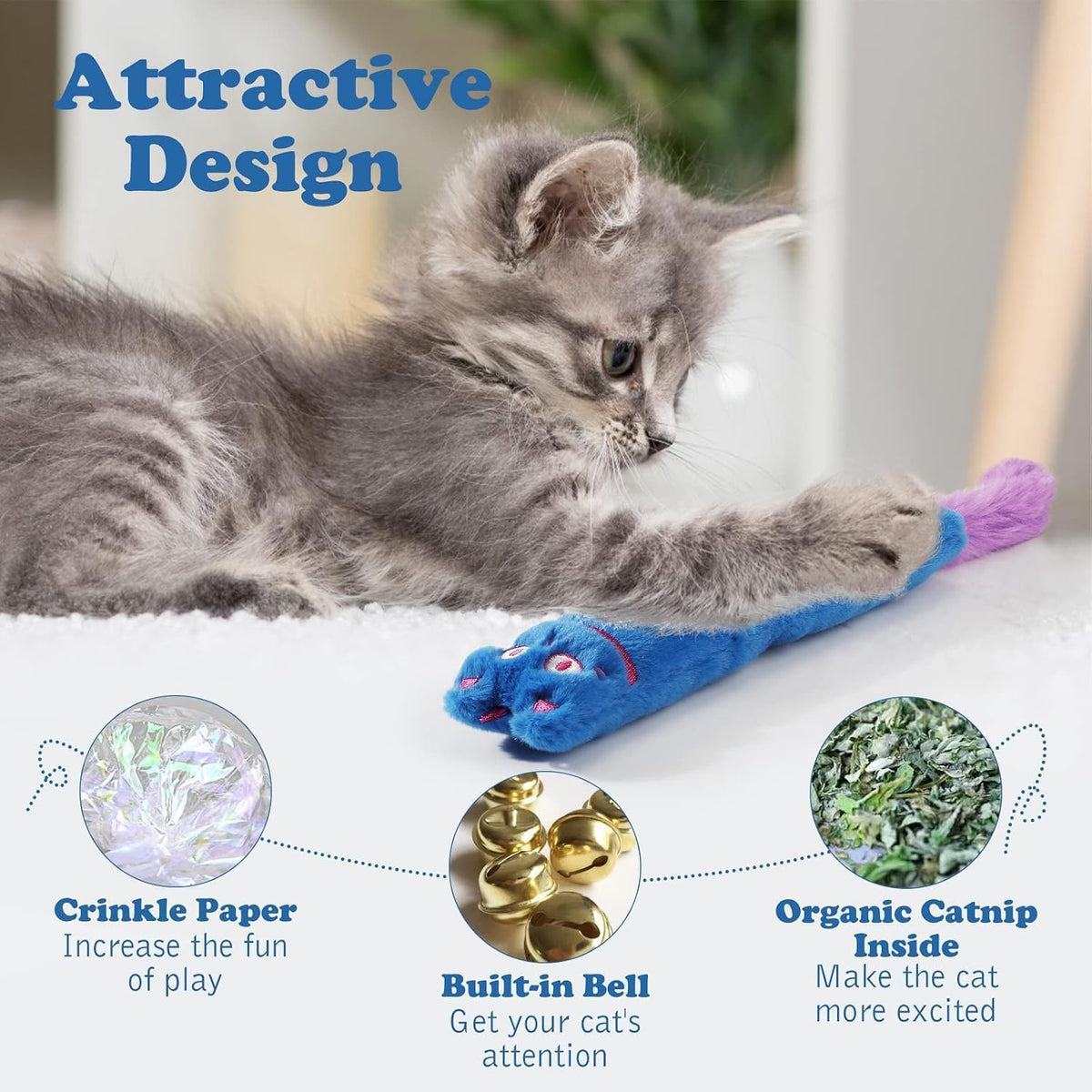 Pawaboo Cat Toys, 2 Pack Plush Catnip Toys with Bell and Crinkle Paper – Essentials for Cats - image 2