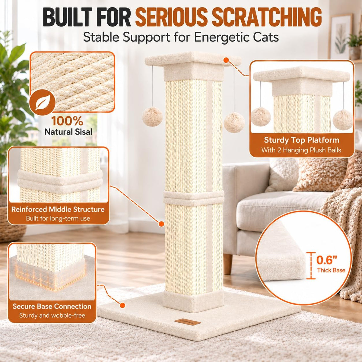 Cat Scratching Post 33 Inch for Indoor Cats - Beige - image 3