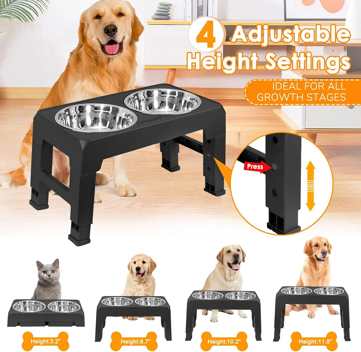 URPOWER Raised Dog Bowls 4 Height Adjustable Elevated Bowl Stand – Essentials for Dogs - Black - image 2
