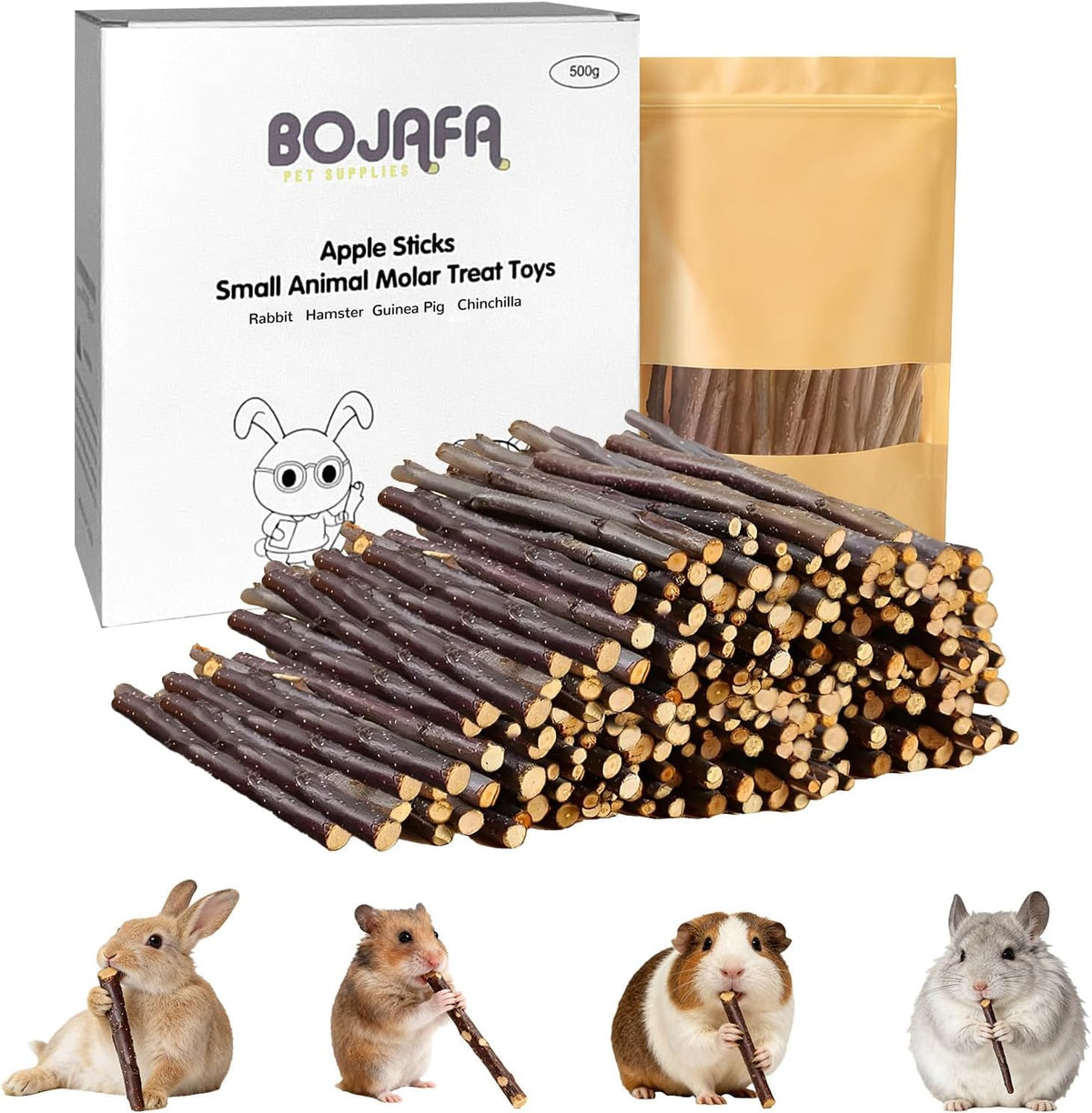 500g Apple Sticks for Small Animals: Wood Molar Toys for Rabbits - 500g