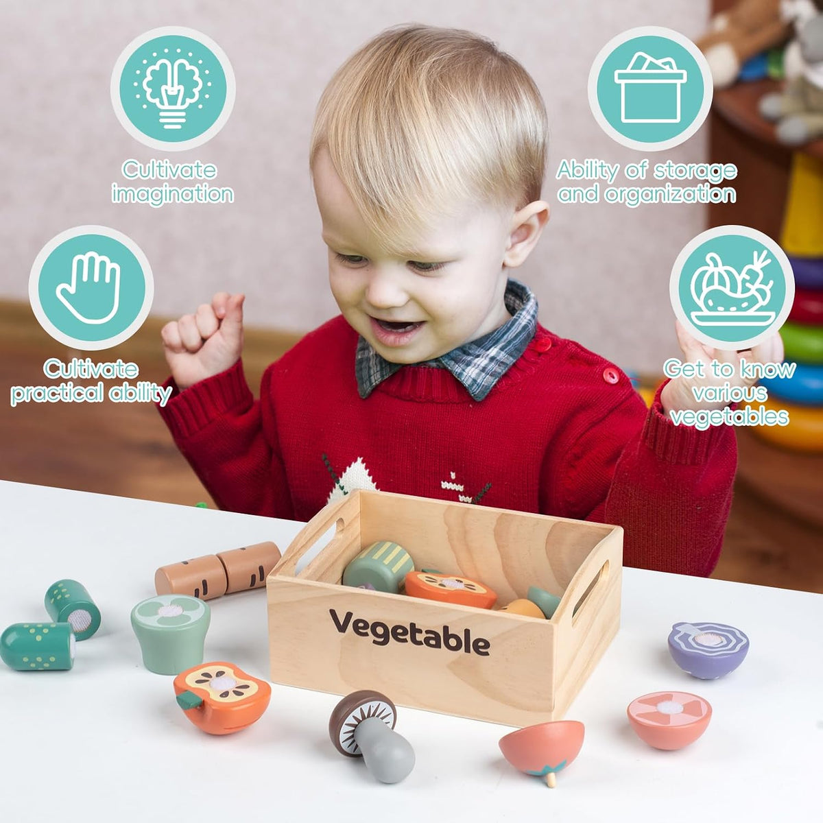 kienvy 10-piece wooden meat and fish play food set with storage box - view 11
