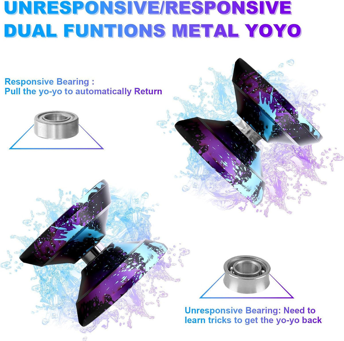 W07 yoyo Professional Metal Trick Yoyo Responsive & Unresponsive – Fun for Kids & Family - 7-Black Blue Purple-Pro - image 4