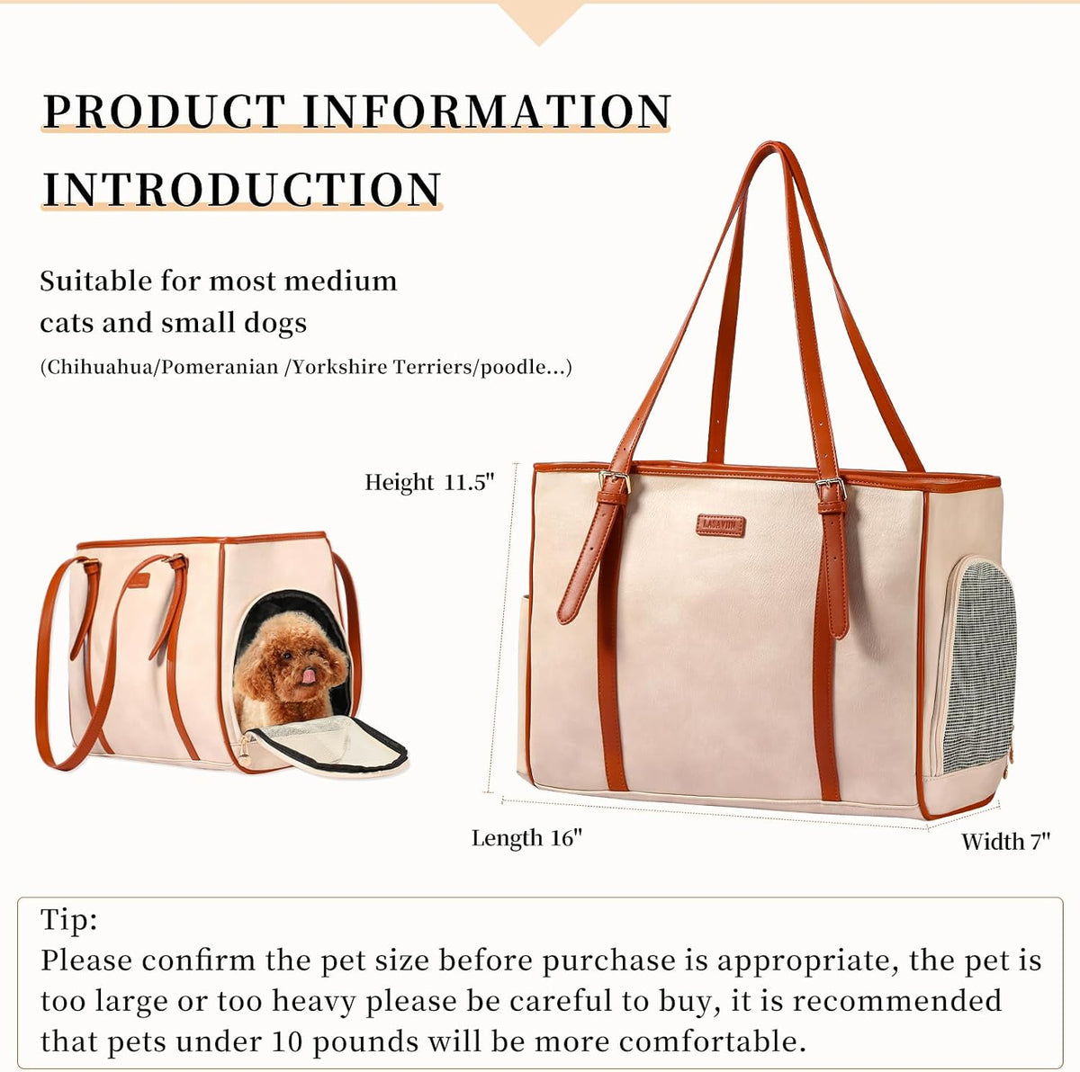 Fashion Dog Purse Pet Carrier Leather Bag for Small Dogs Cats Puppy - Beige - image 2