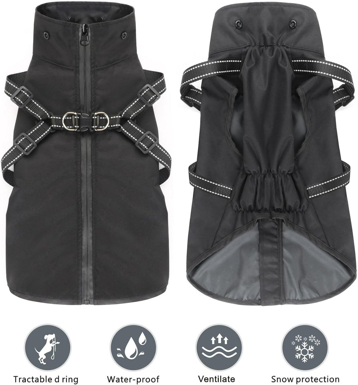 Waterproof hooded dog raincoat with reflective straps and back zipper - view 2