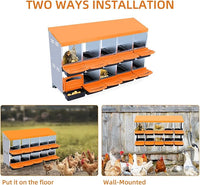Chicken Nesting Boxes, 10 Hole Metal Chicken Laying Box with with Removable Trays and Roll Out Egg Collection for Chicken Coop, Orange