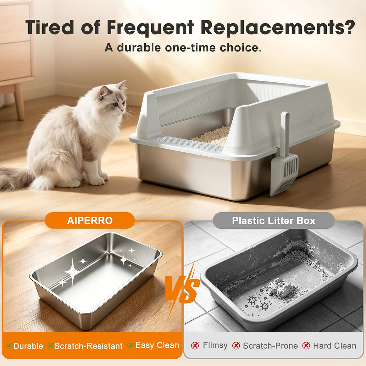 AIPERRO Stainless Steel Litter Box with Lid - Silver Gray / Large / 1 Count - image 3