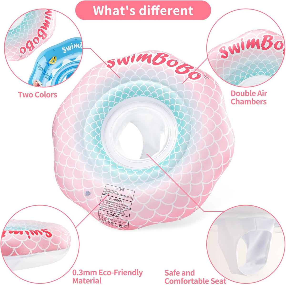 Inflatable Baby Swimming Float with Safety Seat Fun Swimming Pool - Pink Mermaid - image 3