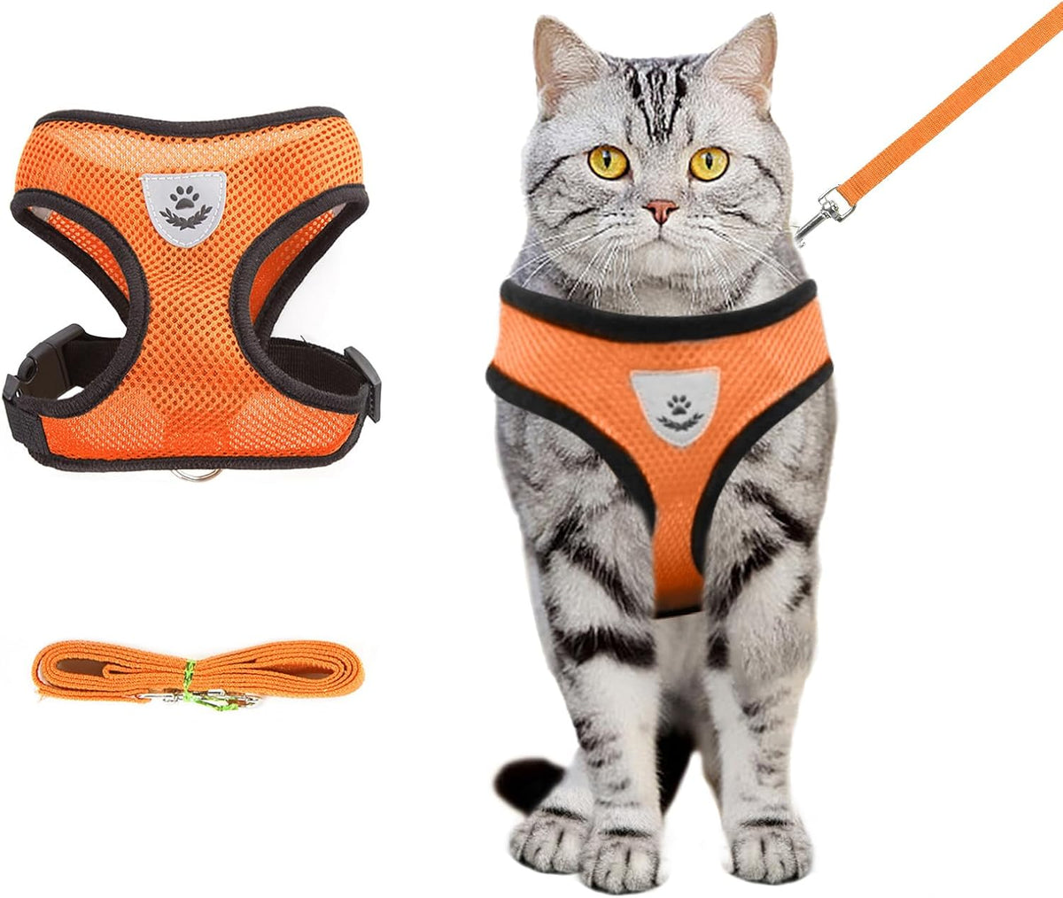 Black Cat Harness and Leash Set, Soft Mesh Adjustable Reflective - orange / M：(Neck:11.81" chest:14.56"-18.50")