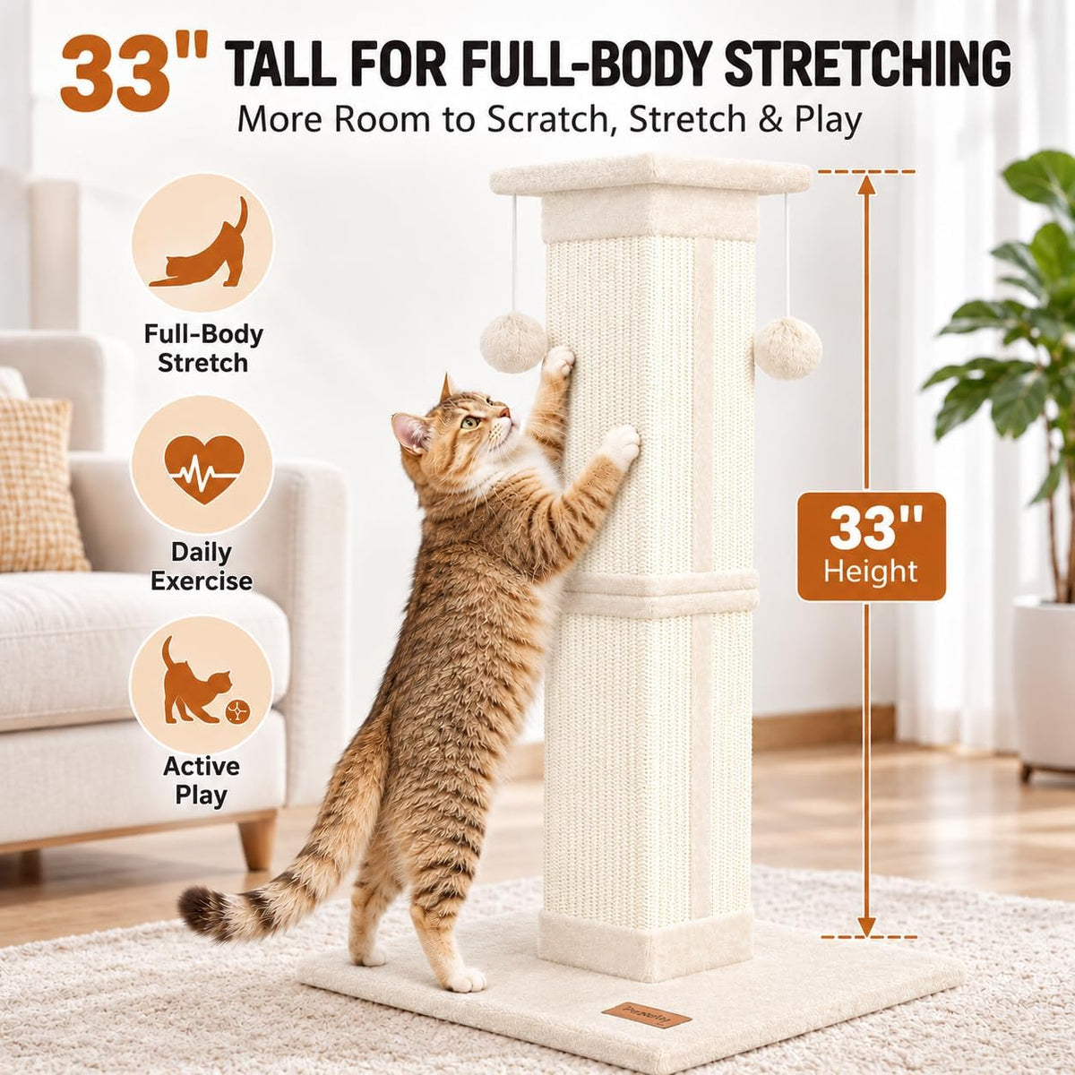 Cat Scratching Post 33 Inch for Indoor Cats - Beige - image 2