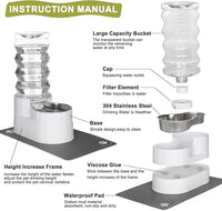 RIZZARI Large Water Dispenser for Dogs: 8L Gravity White Automatic Stainless Steel Waterer - 100% BPA Free - Raised Pet Feeder for Pet Dogs Indoor/Outdoor