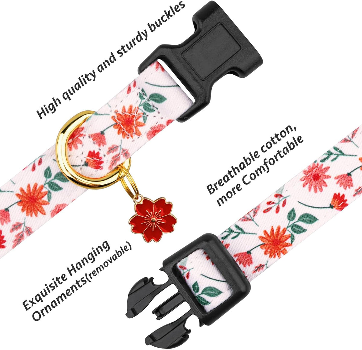 Cotton Dog Collar White and Pink Love Heart with Pendant Cute Dog - Red and White Flower / L - image 2