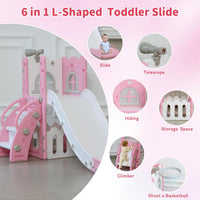 MOCUTEEN toddler slide with climber, basketball hoop, telescope and wide wave slideway - view 3