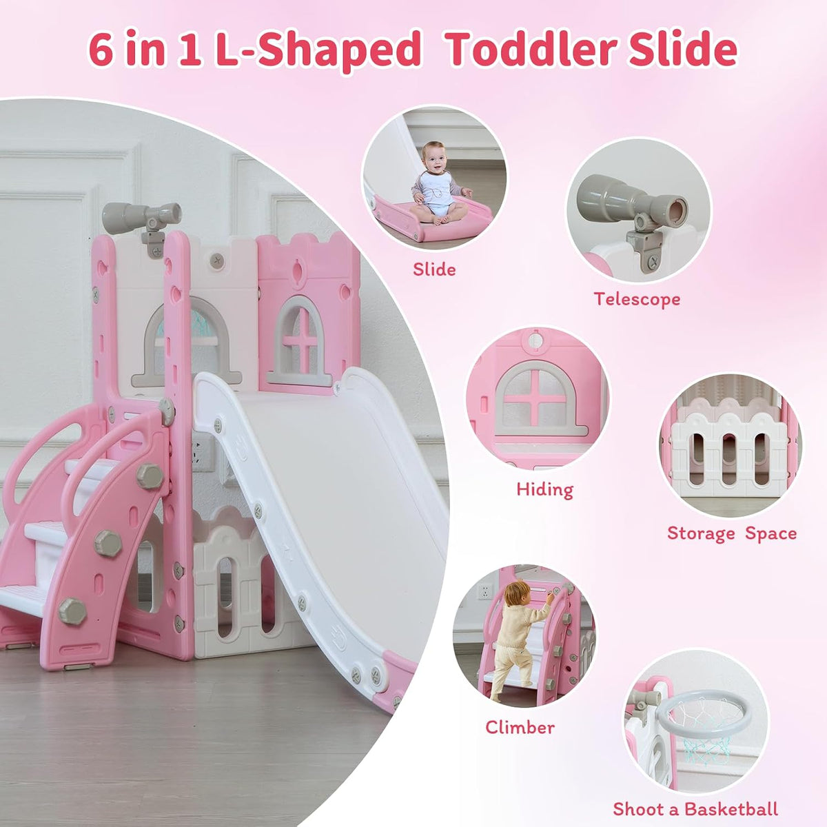MOCUTEEN toddler slide with climber, basketball hoop, telescope and wide wave slideway - view 3