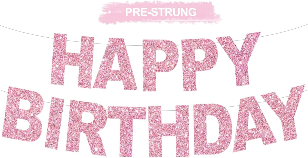 BEISHIDA Pre-Strung Glitter Pink Happy Birthday Banner Party Sign - pink #2