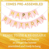 Happy Birthday Banner,Pre-Strung Black and Gold Party Decorations，16ft Pre-Strung Hanging Sign - PINK - image 2
