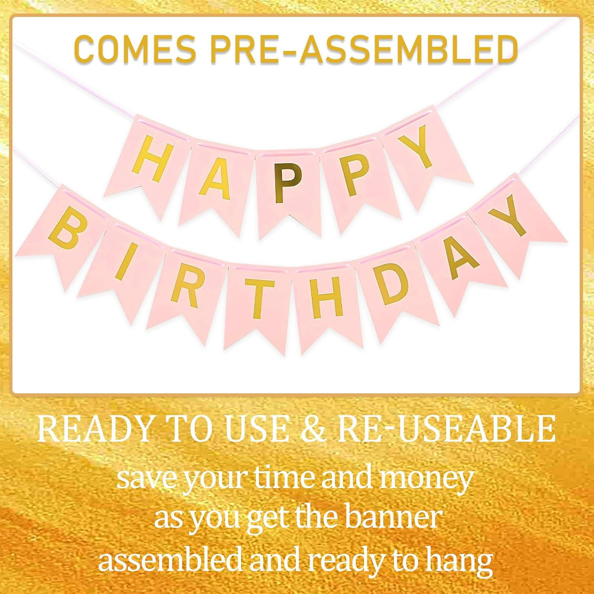 Happy Birthday Banner,Pre-Strung Black and Gold Party Decorations，16ft Pre-Strung Hanging Sign - PINK - image 2