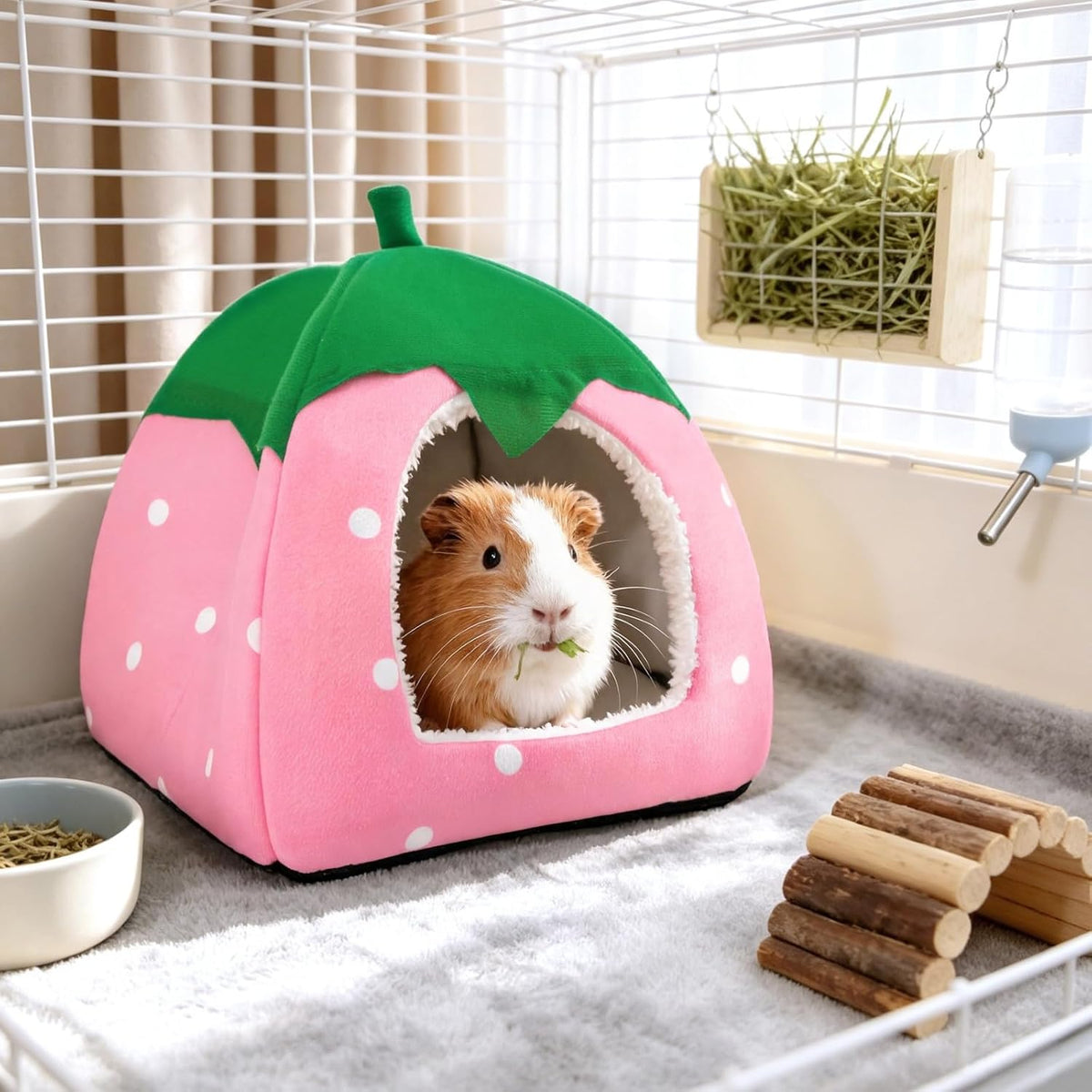 Guinea Pig Hideout Bed, Dwarf Rabbit House Cave – Daily Care for Small Pets - Pink - image 2