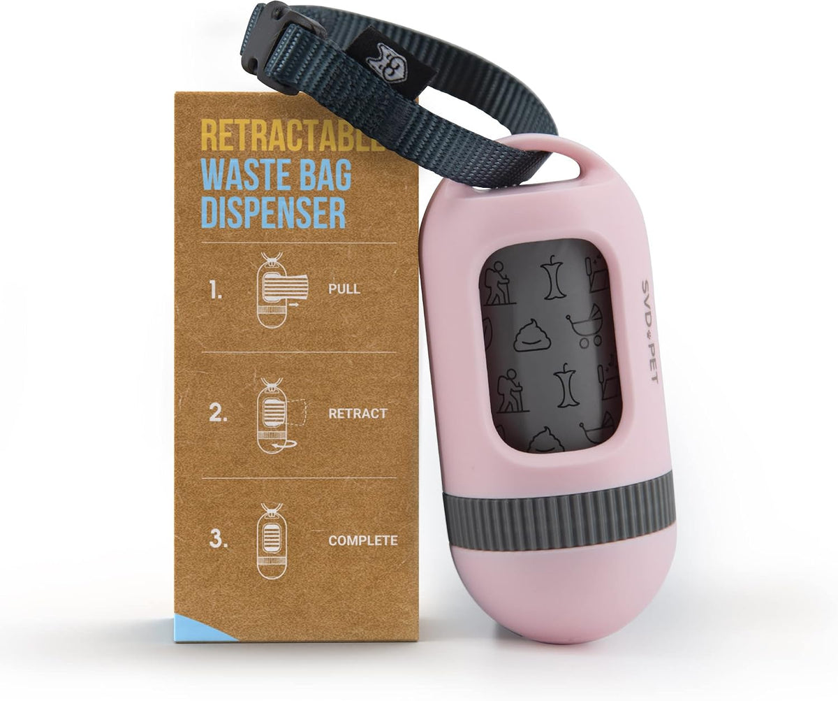 SVD.PET Dog Poop Bag Dispenser, Waste Bag Retractable, Black – Essentials for Dogs - 1-Pack -Primrose Pink