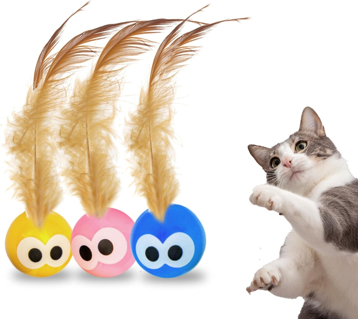 Bouncy Tails 3-Pack Cat Ball Toy with Natural Feathers