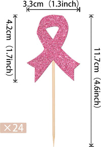 24 PCS Ribbon Breast Cancer Awareness Cupcake Toppers Glitter Pink - Design 5 Pink - image 2