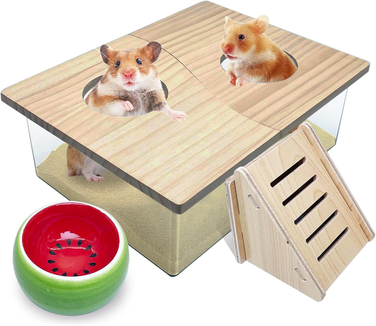 Extra Large Wood Hamster Sand Bath Box Small Animals Bathroom - With Two Hole