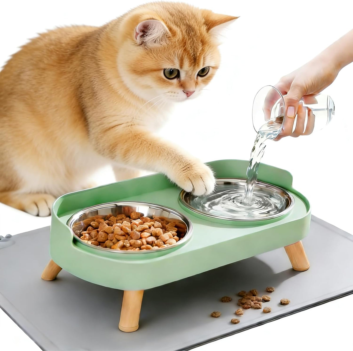 Elevated Cat Bowls with Food Mat - Green