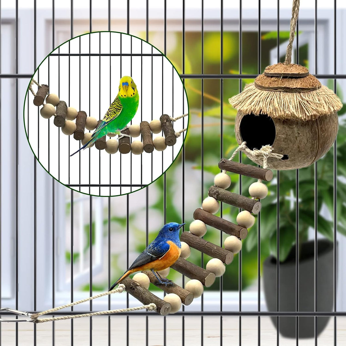 Natural Coconut Hide with Ladder Perches Hanging Bird House Toy - 1pc Coconut Fiber Birds Nest and Swing Toy - image 3