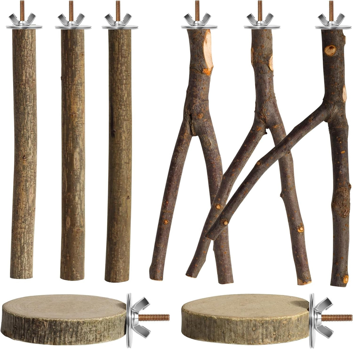 8 Pack Natural Wood Bird Perches for Cage, Wooden Parrot Perch – Essentials for Birds - Large Size-8 Pack