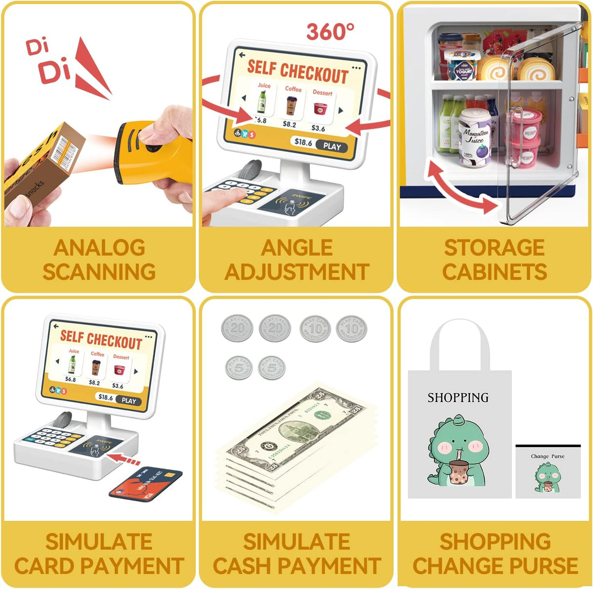 Kids Cash Register Playset, Calculator, Scanner, Ages 3+ - Yellow - image 4