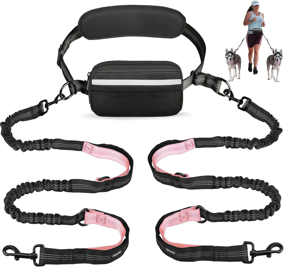 Uppetly Hands Free Dog Running Leash with Waist Belt - 2 dogs/Baby Pink / Medium