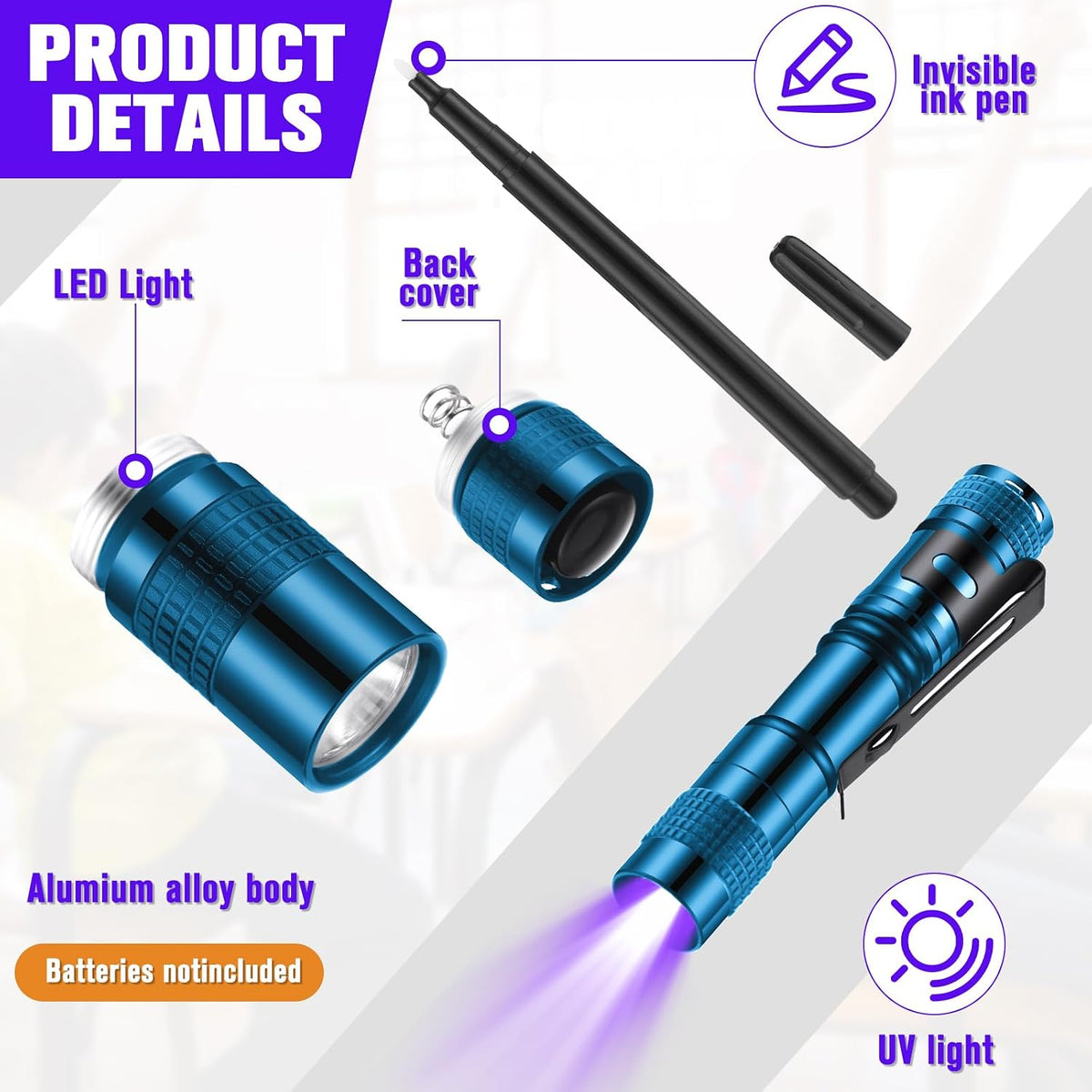 Tegeme 4 invisible ink pens with 4 mini UV marker flashlights in black - view 19