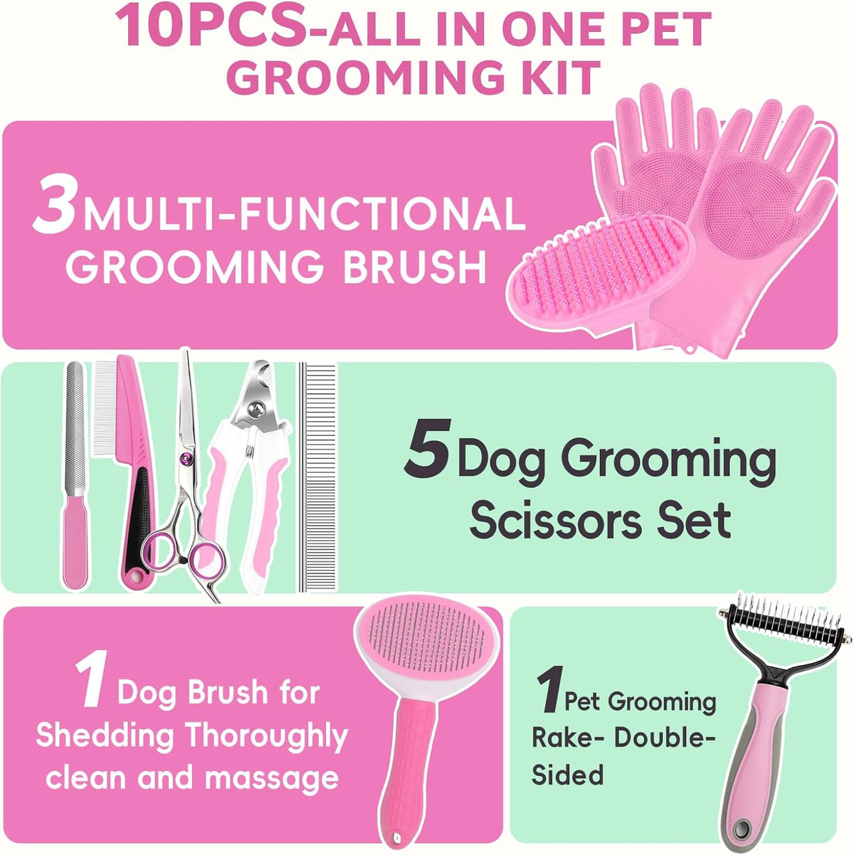 Dog Brush for Shedding 13pcs Bath Grooming Kit with Pet Nail Clipper - Pink 10pcs - image 2