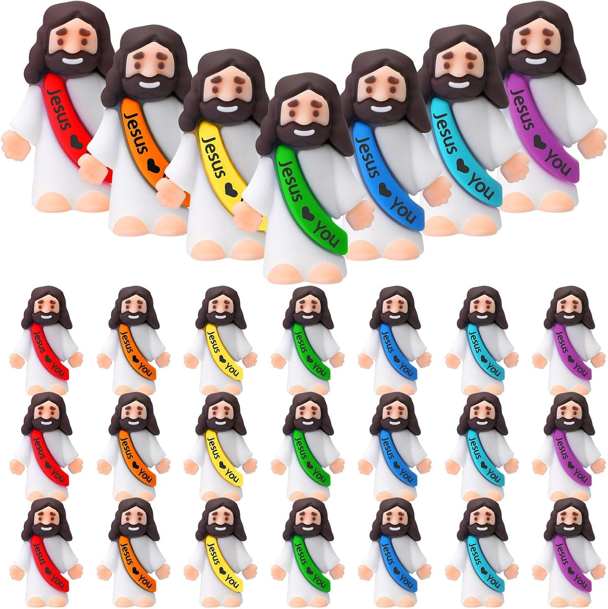 Bememo 25 mini Jesus figures in multicolor rubber, little figurines in robes
