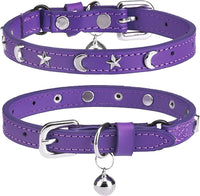 Leather Cat Collar, Breakaway Kitten Collars with Bell, Black – Essentials for Small Pets - Purple_Star & Moon / 8"-12" Cats / Mini Dogs(Pack of 1)