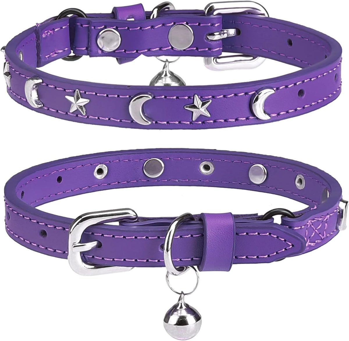 Leather Cat Collar, Breakaway Kitten Collars with Bell, Black – Essentials for Small Pets - Purple_Star & Moon / 8"-12" Cats / Mini Dogs(Pack of 1)