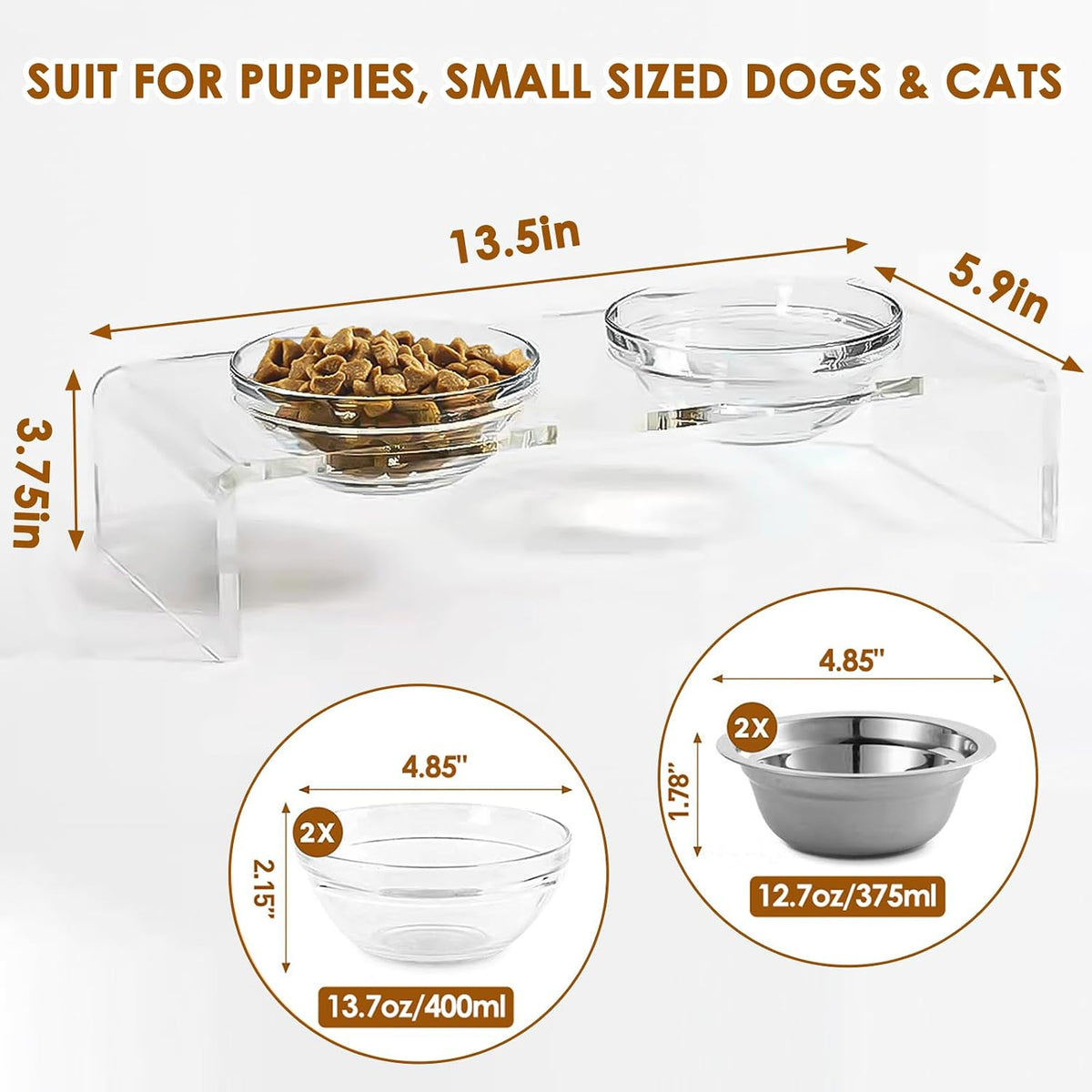 Acrylic Elevated Dog Cat Bowls Pet Feeder Double Bowl Raised Stand - Small: 3.75'' Height, 13.7 oz Glass Bowl - image 3