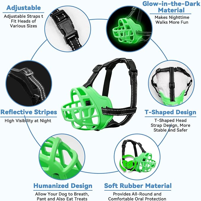 Dog Muzzle for Large Dogs, Breathable Basket Muzzles for Small, Medium and X-Large Aggressive Dog, Allows Panting Drinking, Suitable for Grooming Trimming Training (4, Luminous Green)
