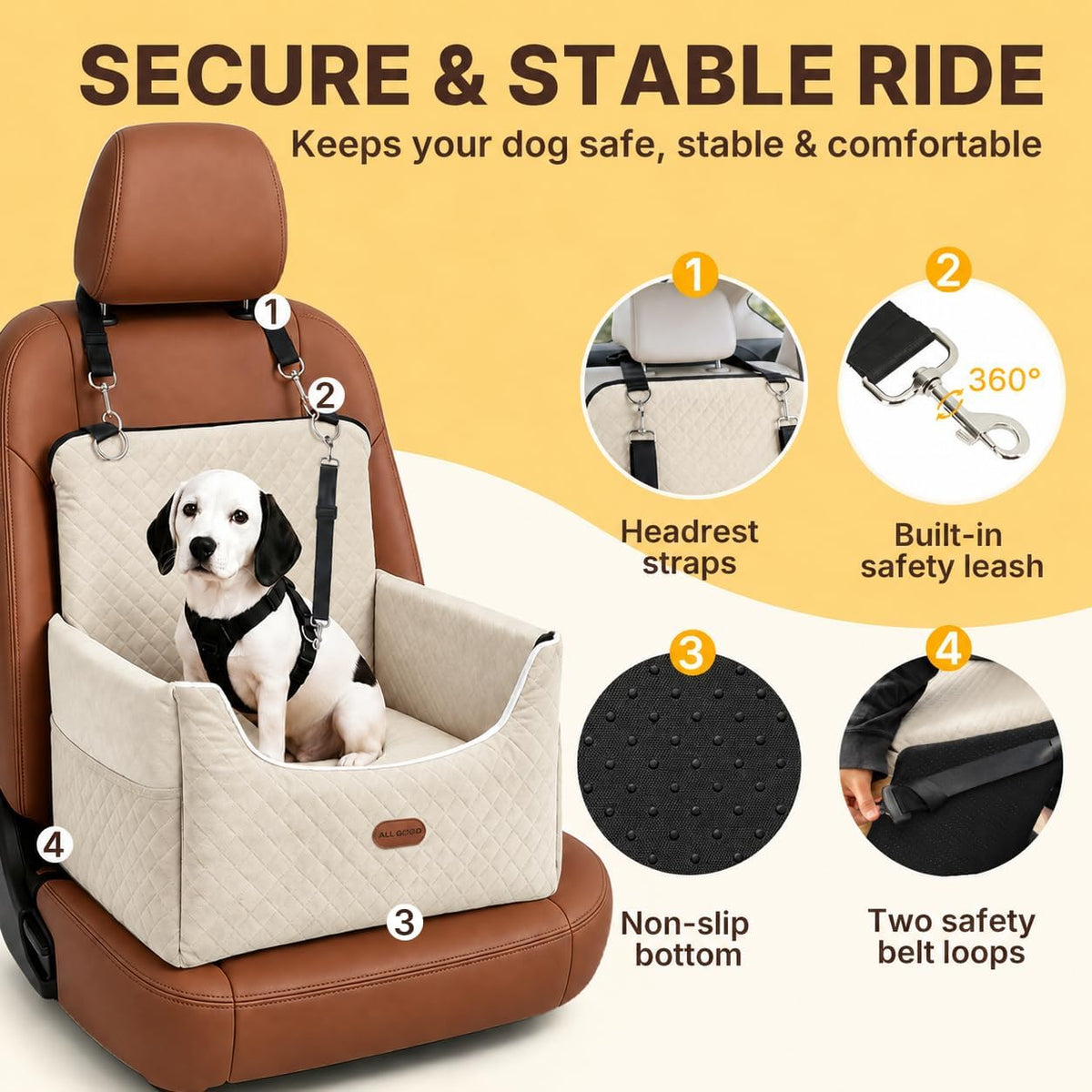 ALL GOOD PET SUPPLIES Dog Car Seat for Small/Medium Dogs Under – Essentials for Dogs - Ivory White - image 2
