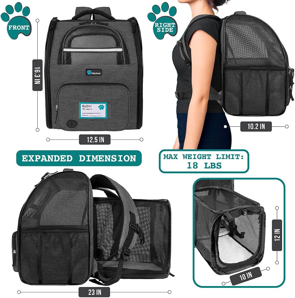 PetAmi Expandable Dog Cat Backpack Carrier, Airline Approved - 12.5"L x 10.2"W x 16.3"H / Charcoal - image 2